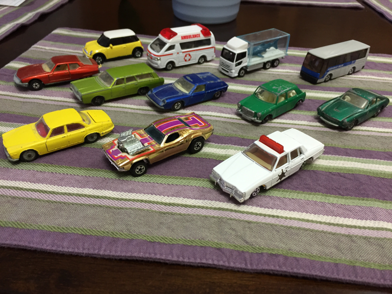 From the antique mall I was able to grab several regular wheel and superfast wheel Matchbox, a gold Roger Dodger(?) and a yellow XJ6 4.2 my first Husky! From the Tomy outlet, I picked up another brand new Ertl ‘80 Bonneville, as well as my FIRST NEW TOMICA cars! The Mini Cooper, Toyota Hi-Medic, and trucks as well. Waaay excited about this!